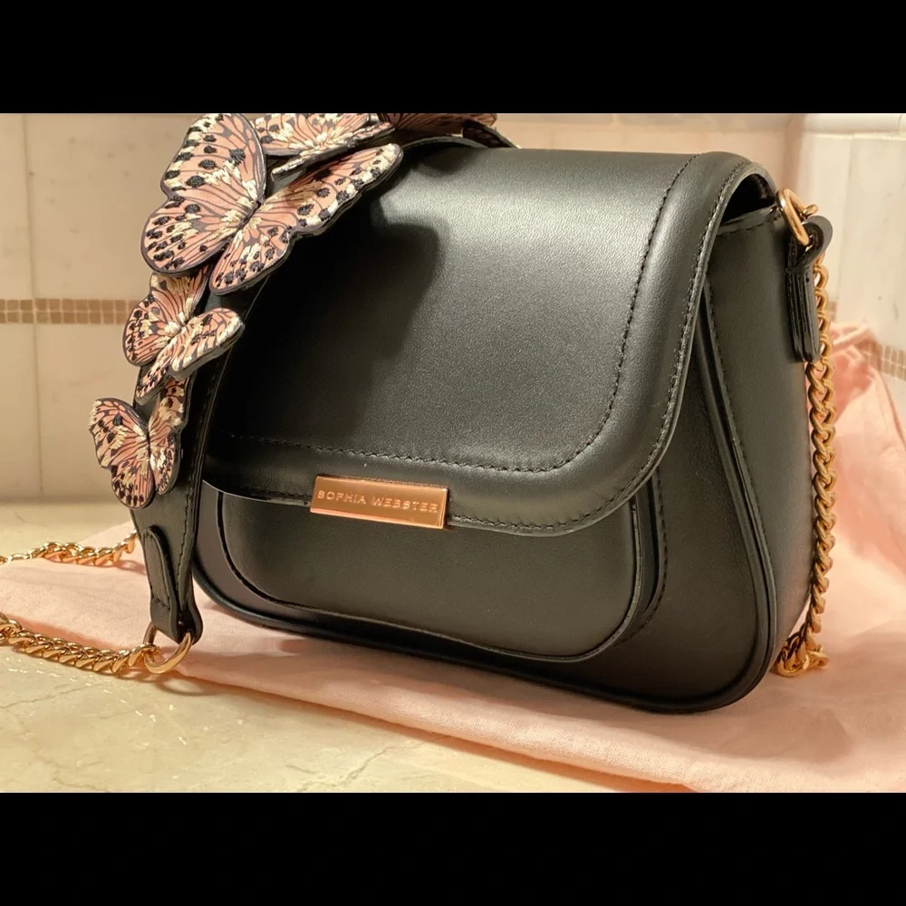Sophia Webster Black Shoulder Bag with Pink Butterfly Accents - Picture 3 of 10